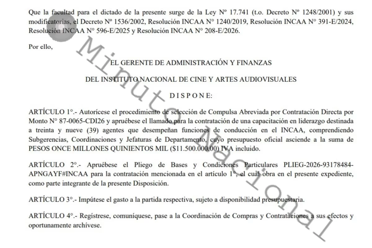 Para capacitar a 39 jer&aacute;rquicos del INCAA, el Gobierno desembolsar&aacute; 11,5 millones de pesos