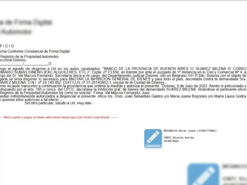 Dolores: funcionaria de Karina Milei, inhibida en todo el país por no pagar préstamo personal a Banco Provincia