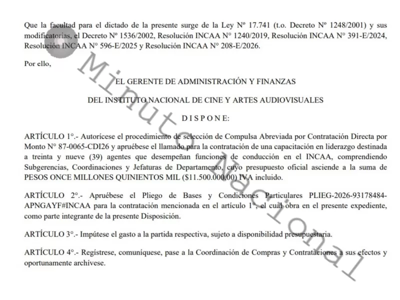 Para capacitar a 39 jer&aacute;rquicos del INCAA, el Gobierno desembolsar&aacute; 11,5 millones de pesos