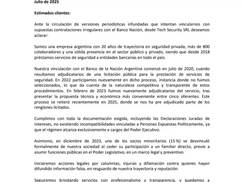 La empresa de seguridad Tech Security rechazó las denuncias en su contra